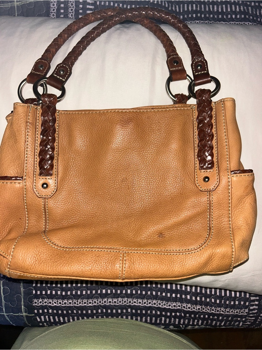 Vintage Fossil Tan Leather Satchel with Braided Brown Handles